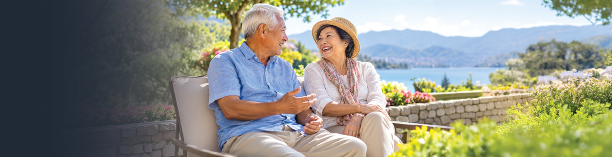 Photo of a retired couple smiling on a porch at sunset