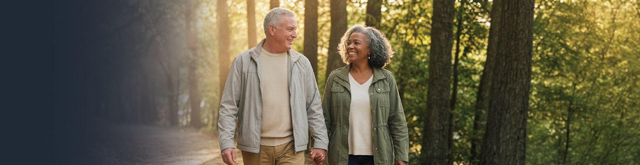 Photo of a retired couple smiling on a porch at sunset